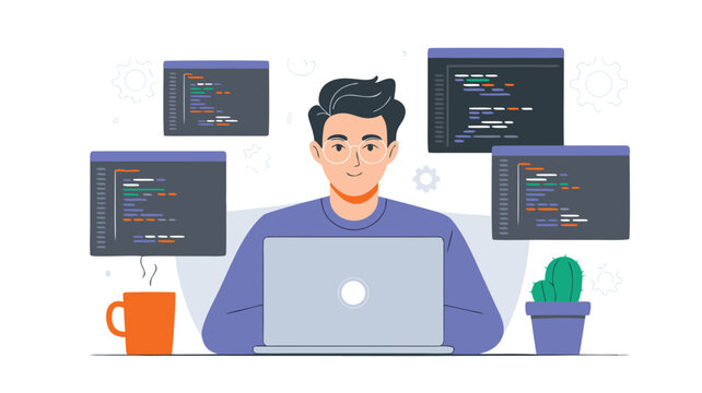 Cartoon Developer Working on Laptop Surrounded by Code Windows, Coffee, and Cactus