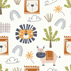 Childish and playful seamless pattern with cute lion, rhinos, bear, cloud and tree. Vector illustration for kids or baby apparel, textile, nursery, wrapping paper, kindergarten, print, cover and more