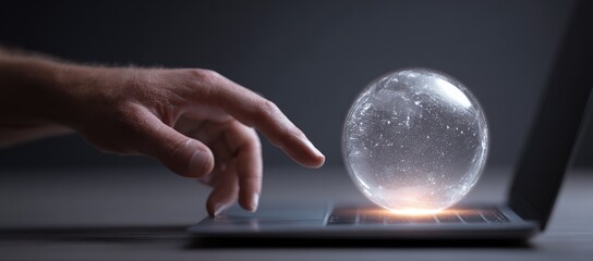 Hand interacting with a transparent globe on a laptop