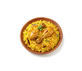 Top view Chicken biryani in wooden plate isolated on white background.