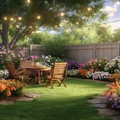 Obraz premium A tranquil backyard oasis, featuring a wooden table and chairs beneath a canopy of string lights. Colorful flowers surround the seating area, set amongst a lush lawn