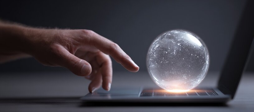 Hand interacting with a transparent globe on a laptop - Powered by Adobe