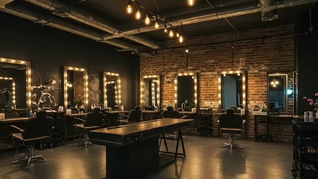 Stylish salon interior with illuminated mirrors.