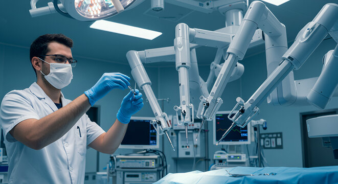 Robotic surgery in progress. A surgeon in a sterile environment