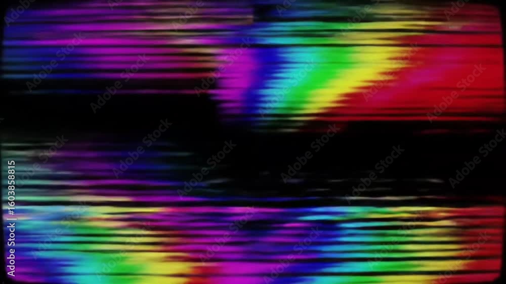 Poster abstract image of distorted rainbow colors with horizontal lines and a dark central area, creating a