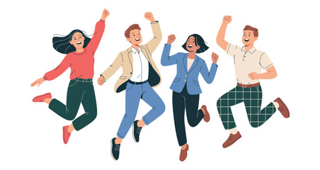 diverse people jumping in celebration with raised arms, joyful teamwork and success concept illustration on white background with vibrant outfits