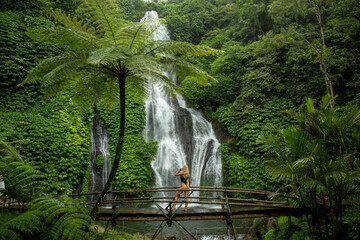 A person relishes nature by a beautiful waterfall