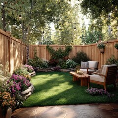 A sun-drenched backyard oasis, featuring a wooden fence, lush greenery, and comfortable seating