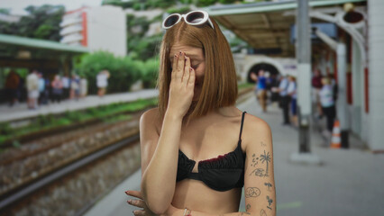 Fototapeta premium Young woman with tattoos smiling at an outdoor train station, surrounded by people waiting near the railway tracks during a sunny day.