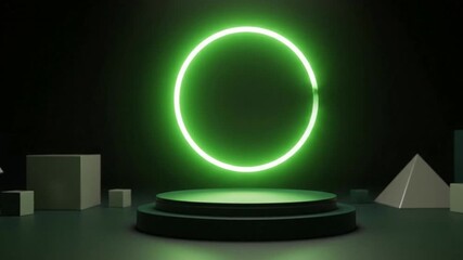 A green neon circle hovers behind a round platform surrounded by geometric shapes - Powered by Adobe
