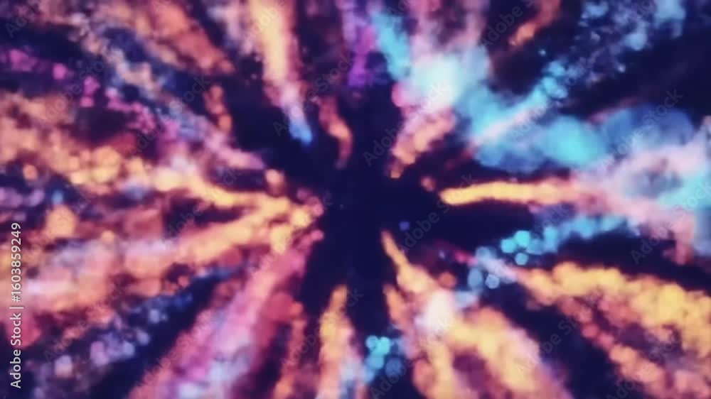 Poster abstract image featuring a central dark void surrounded by radiating bursts of colorful light and pa