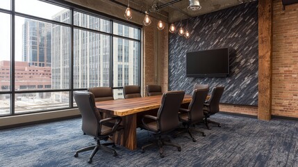Fototapeta premium Modern conference room with live edge wooden table and city view 49 meeting room