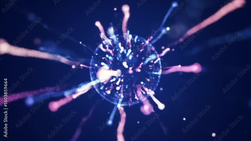 Poster abstract digital rendering of a central sphere emitting colorful particles and light trails against 