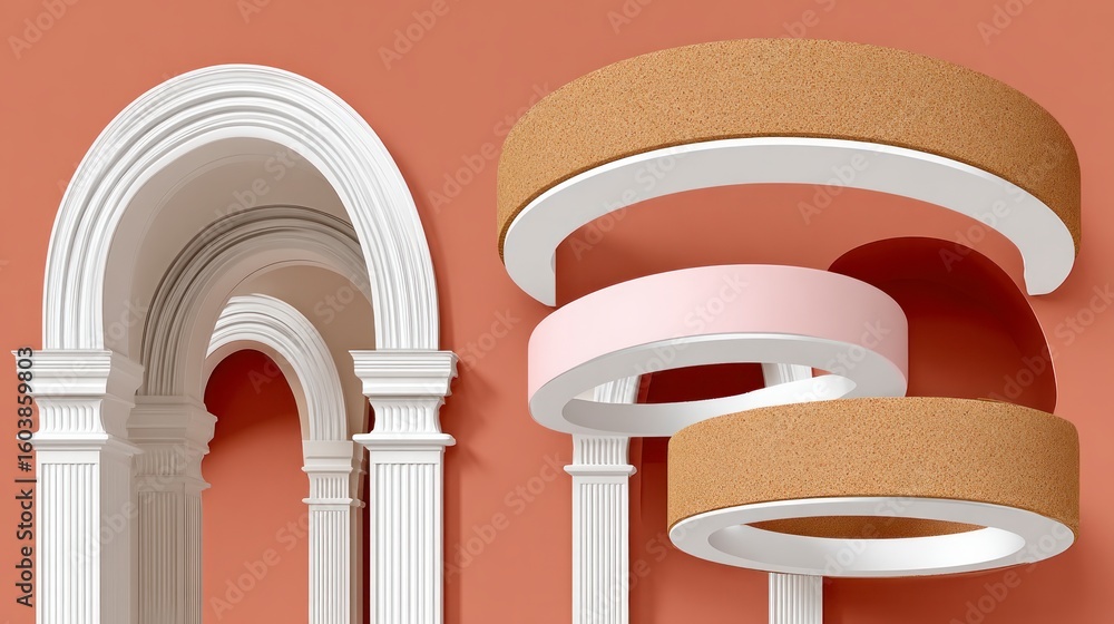 Poster ornate white arches intersect with layered circular forms in abstract design