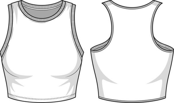 Sleeveless cropped tank top flat sketch, technical vector drawing front and back, fitted fashion apparel design for women and girls