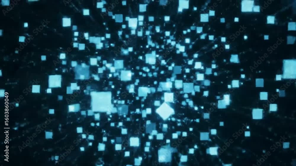 Poster abstract digital background of glowing blue cubes floating in a dark space, creating a sense of dept