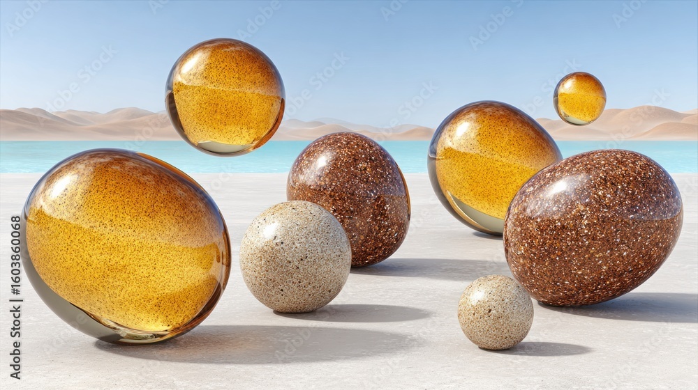 Aufkleber spherical glass and stone objects arranged on a textured surface with a seascape background