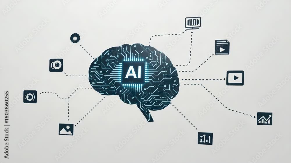Poster a digital brain with ai lettering connected to various icons represents artificial intelligence and 