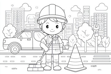 Black and white coloring page of a cartoon construction worker in a city scene