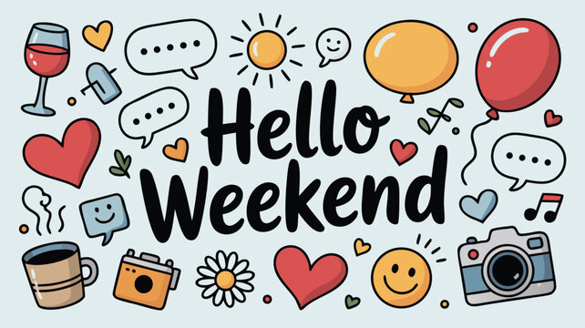 Hello Weekend Doodle Art Featuring Wine, Balloons, Hearts, Coffee, Cameras, Flowers, and Speech Bubbles