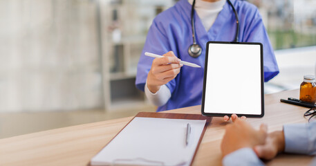 Tablet, screen or portrait of female nurse , doctor or nurse smile for healthcare presentation,...