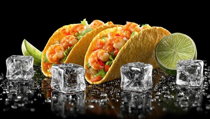 Two shrimp tacos, garnished with lime and ice