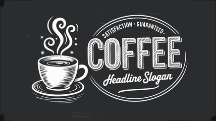 Fototapeta premium Illustrated Coffee Cup, Satisfaction Guaranteed Slogan, Steaming Coffee, Headline Text on Black Background