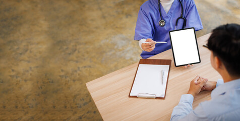 Tablet, screen or portrait of female nurse , doctor or nurse smile for healthcare presentation,...