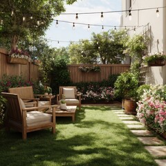 Obraz premium Sunny backyard oasis with string lights, furniture, and greenery