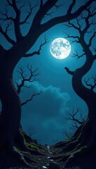Twisted branches, dead leaves, moonlight filtering through canopy, shadow, atmosphere
