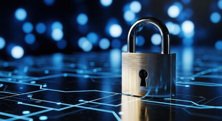 Silver padlock on glowing blue circuit board with bokeh lights security technology