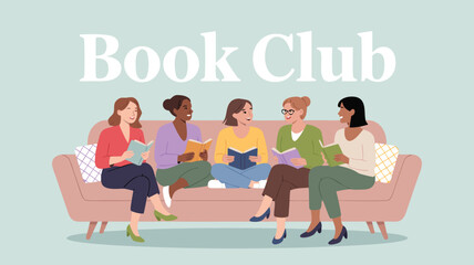 Illustrated Women's Book Club Reading Together on Couch, Sharing Literary Discussions and Friendship