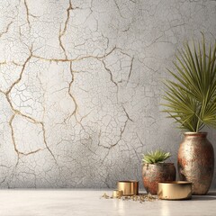 Light-grey cracked wall with gold veins, decorative pots