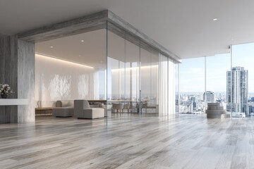 Modern, airy office/lounge space with city views