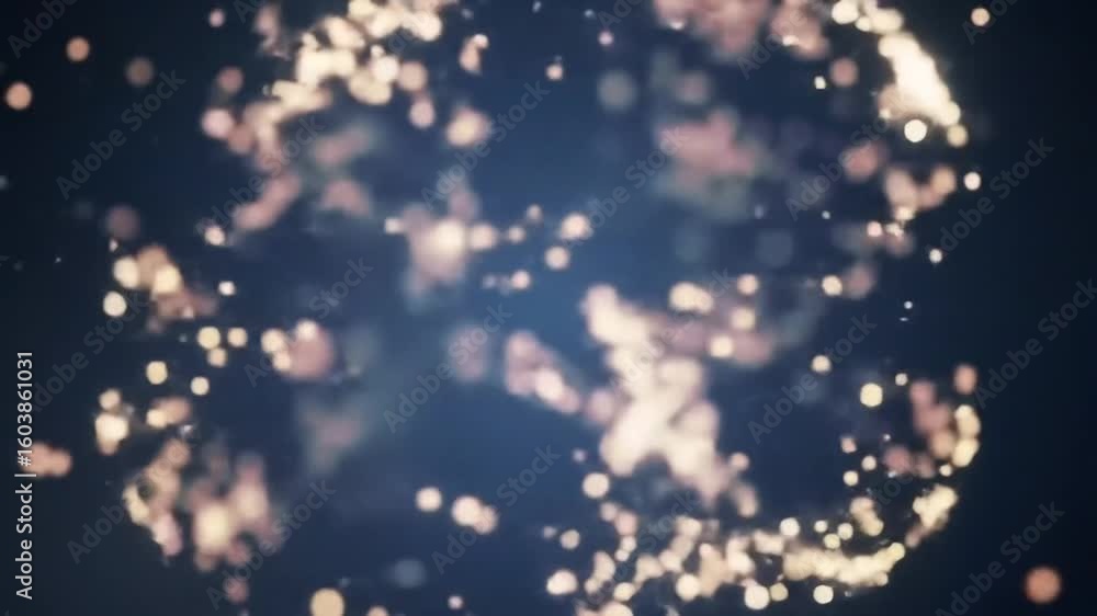 Poster abstract blurred image of glowing particles forming a sphere against a dark blue background, creatin
