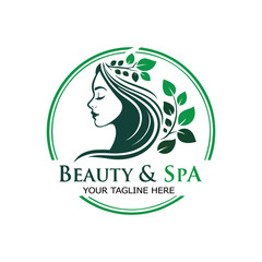 Beauty & Spa Logo with Nature Elements. Green Woman Face Silhouette and Leaf Hair in Elegant Circular Design.