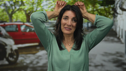 Hispanic middle aged woman smiles and lifts hands behind head in bunny ears gesture on urban...