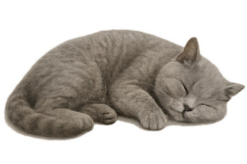 isolated transparent sleeping gray cat realistic clipart, sleeping gray cat peaceful pose, sleeping gray cat curled up illustration on White Background PNG die-cut for advertising, pet clipart