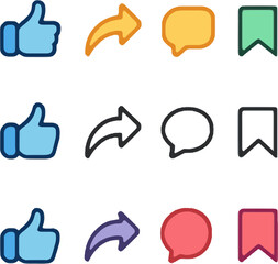 social media icons with thumbs up share comment and bookmark in color and monochrome styles
