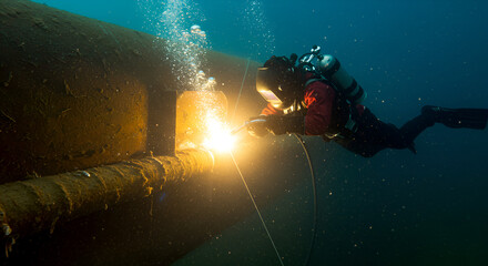Underwater welder repairs a large metal pipe