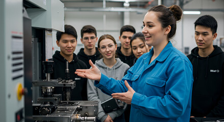 Woman teaching a group of students about machinery