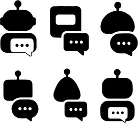 chatbot head icon set with speech bubbles in black silhouette style for ai communication
