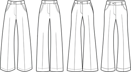 Women’s wide leg pants technical flat sketch, fashion trousers front view, vector CAD drawing for apparel design and garment production