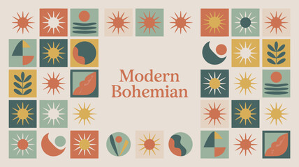 Modern Bohemian Aesthetic with Sun, Moon, and Leaf Motifs in Geometric Square Pattern Design