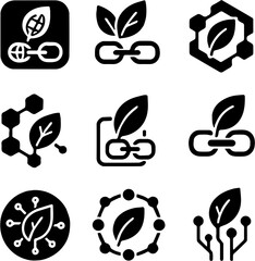 green blockchain and eco network icons with leaves chains and digital nodes in flat style