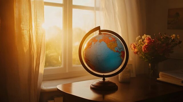 Beautiful globe on wooden table near sunny window with flowers in cozy room, exploring geography and worldwide travel concepts 4k video footage