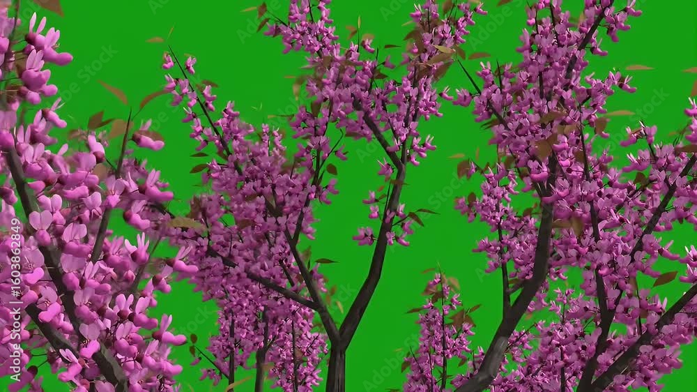 Poster pink blossoming tree branches against green screen background for chroma key compositing effects and