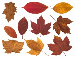 Brightly colored autumn maple leaves, isolated on a white background, showcase the vibrant fall season
