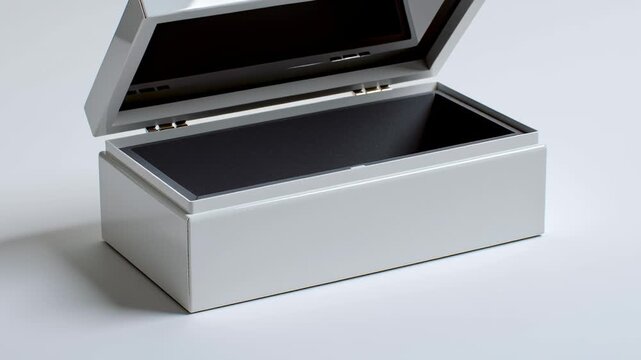 A white box with a silver lid sits on a white background. The box is empty and has a clean, minimalist appearance
