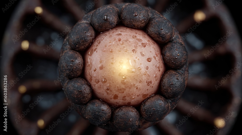 Poster abstract close up of a textured spherical object with dark bumpy growths and a central glowing orb d